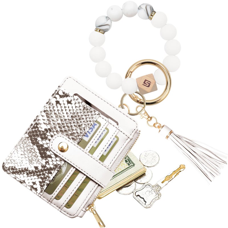 COOLANS Wristlet Bracelet Keychain Pocket Credit Card Holder Purse Tassel Keychain Bangle Key Ring for Women (Silicone Bead Bracelet+Card Purse (Snakeskin white)) - Image 1